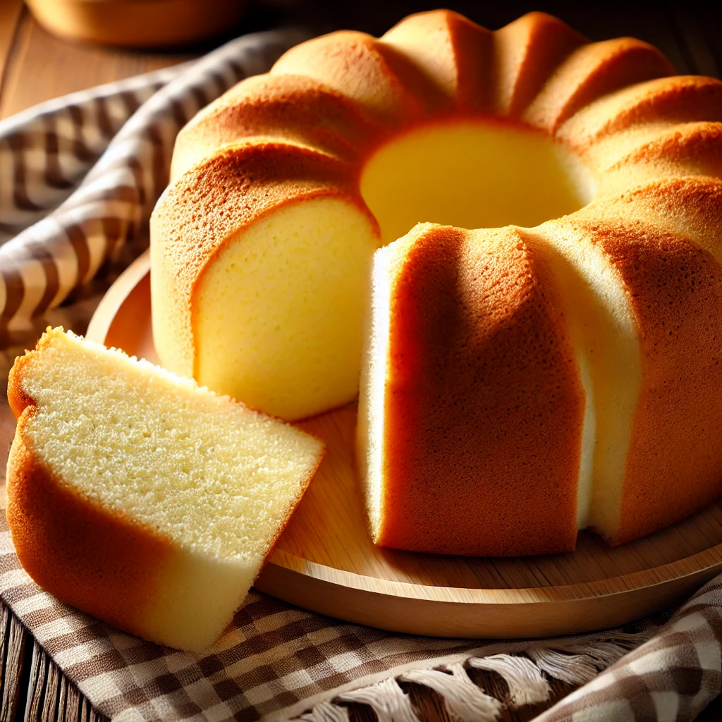 A golden brown chiffon cake with a fluffy, airy texture sits on a wooden plate. The cake has a classic ring shape with a hole in the center. A slice is cut out, revealing its soft, spongy interior. A checkered kitchen towel is draped beside it on a rustic wooden table, creating a warm and cozy atmosphere.
