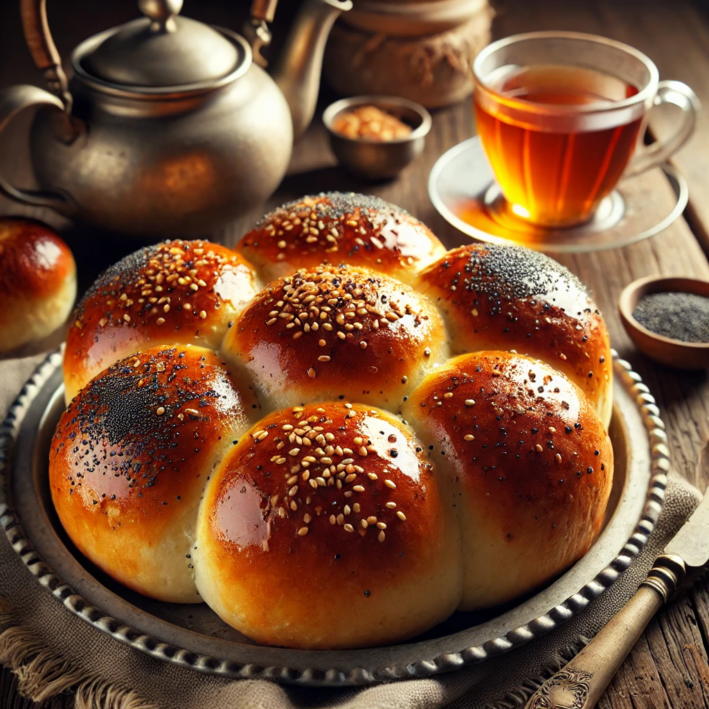 Freshly baked golden brown brioche rolls with a glossy surface, topped with sesame and poppy seeds, arranged on a vintage metal plate. The plate sits on a rustic wooden table, accompanied by a steaming cup of tea in a glass cup and an antique teapot. Small bowls of sesame and poppy seeds are nearby, adding to the warm and cozy atmosphere.