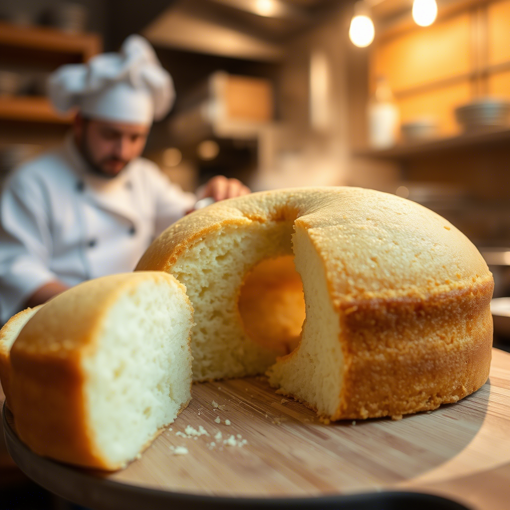 Une délicieuse génoise dorée en forme de couronne, avec une texture moelleuse et aérée. Un morceau est découpé pour révéler son intérieur léger. L’arrière-plan montre une cuisine chaleureuse avec un éclairage tamisé