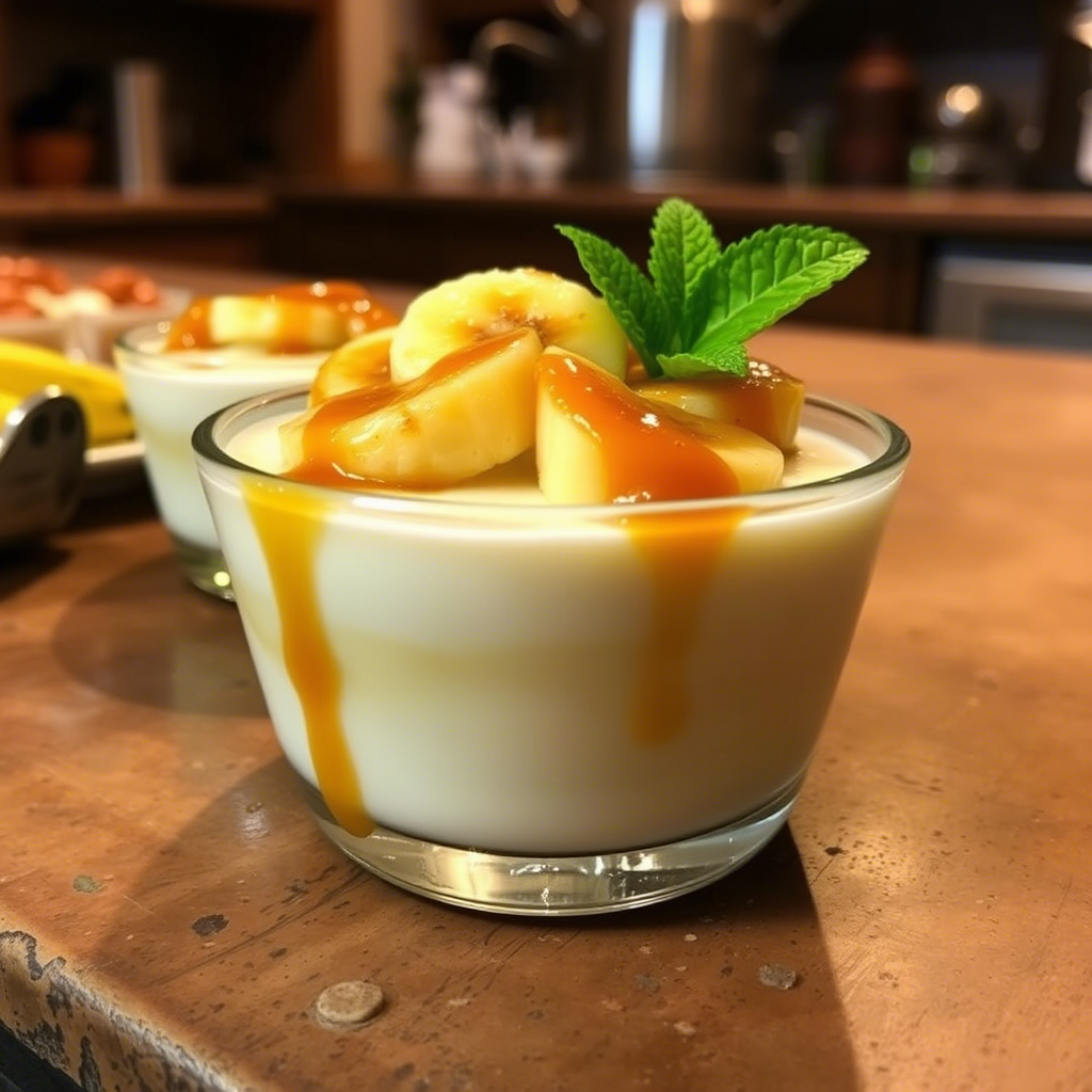 A glass cup filled with creamy white dessert, possibly panna cotta, topped with fresh banana slices, drizzled with caramel sauce, and garnished with a sprig of mint. Another similar dessert is slightly blurred in the background on a wooden kitchen counter.
