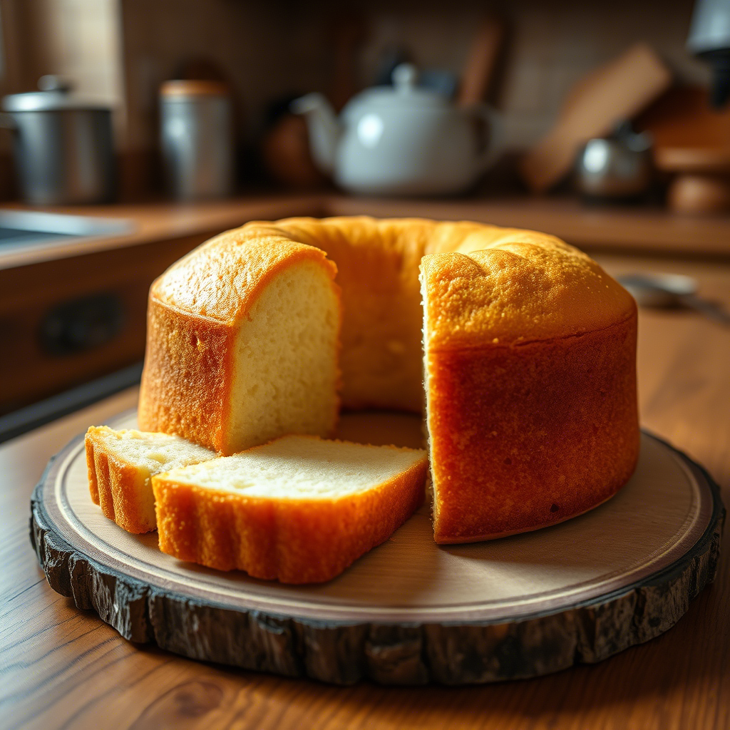 Une délicieuse génoise dorée en forme de couronne, avec une texture moelleuse et aérée. Un morceau est découpé pour révéler son intérieur léger. L’arrière-plan montre une cuisine chaleureuse avec un éclairage tamisé