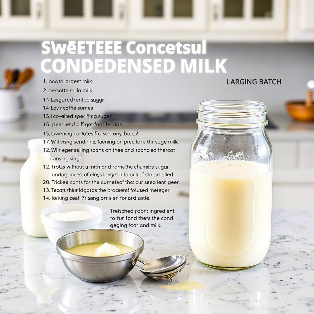 The image shows several glass jars filled with a thick, creamy, off-white liquid. In the bottom part of the image, the same liquid is being poured into a bowl, appearing smooth and viscous, suggesting it could be sweetened condensed milk or a type of creamy sauce.